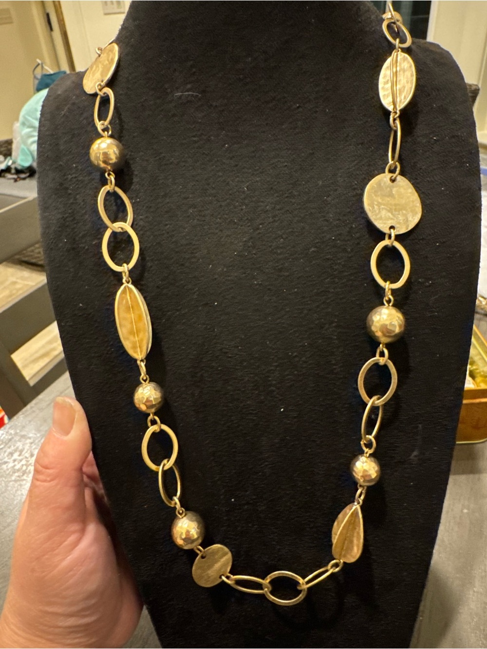 Chico’s Gold Tone Long Statement Necklace Hammered Beads Mixed Links